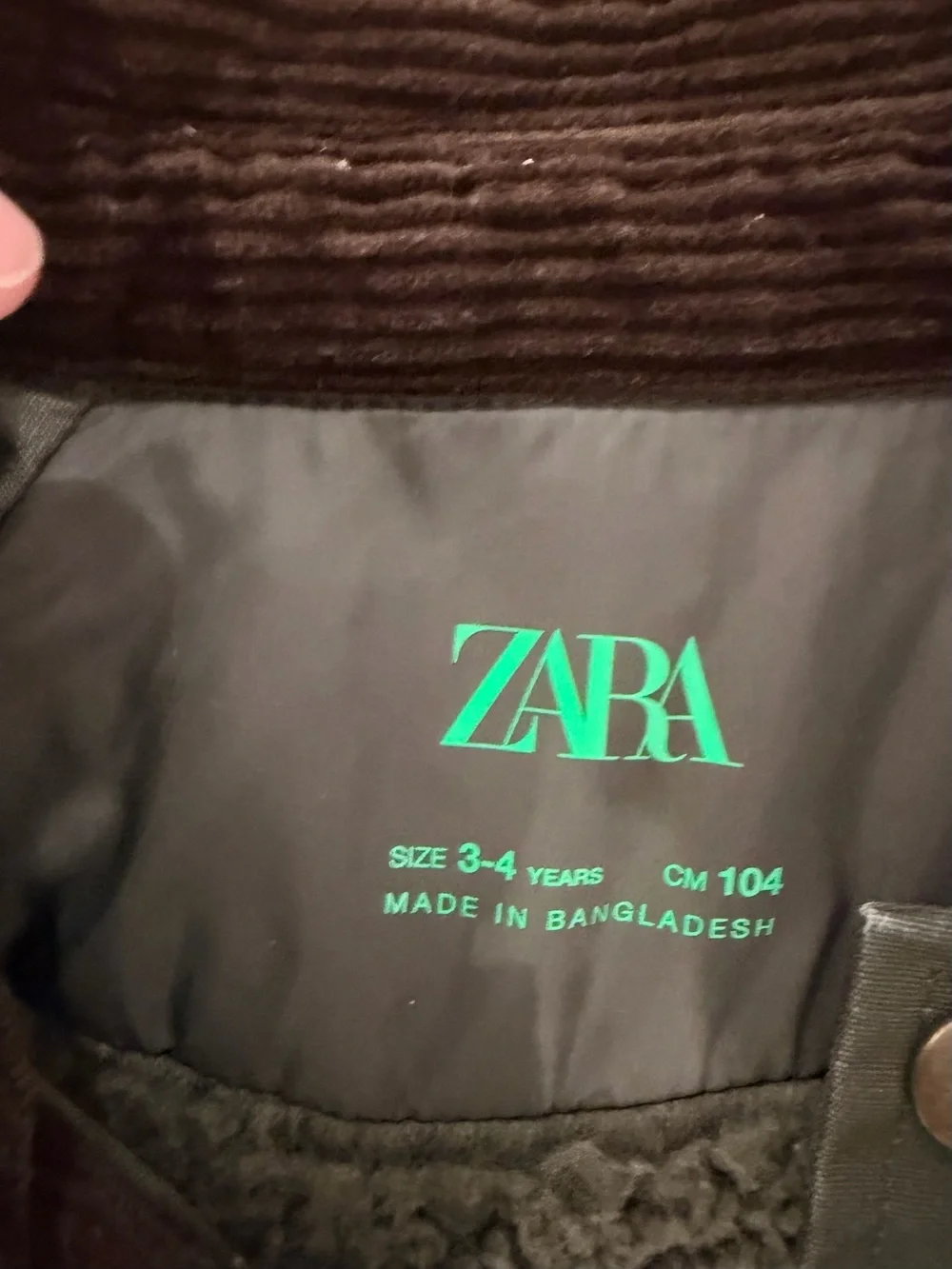 ZARA Kids Olive Green Cotton Jacket with Brown Corduroy Collar